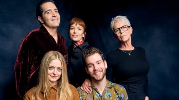 Britt Lower, Jamie Lee Curtis, Anna Baryshnikov, David Dastmalchian, and director Rusell Goldman in Den of Geek studio at SXSW 2026.