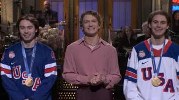 L-R Quinn Hughes, Connor Storrie, and Jack Hughes on SNL
