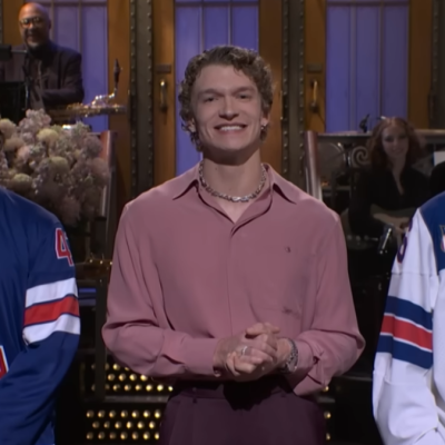 L-R Quinn Hughes, Connor Storrie, and Jack Hughes on SNL