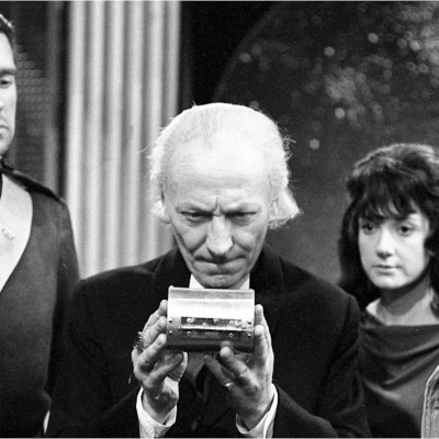 Nicholas Courtney as Bret Vyon, William Hartnell as The Doctor, Adrienne Hill as Katriana and Peter Purves as Steven in Doctor Who episode The Devil's Planet