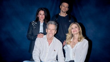 (CW): Sosie Bacon, Travis Bacon, Kyra Sedgwick, and Kevin Bacon in the Den of Geek studio at SXSW 2026.
