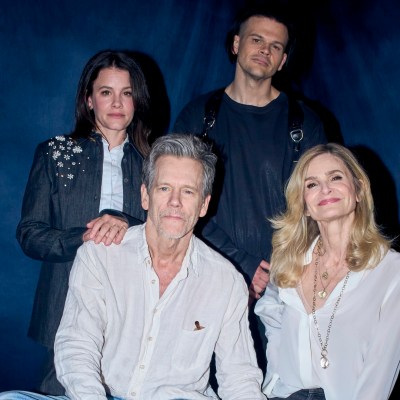 (CW): Sosie Bacon, Travis Bacon, Kyra Sedgwick, and Kevin Bacon in the Den of Geek studio at SXSW 2026.