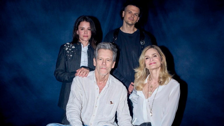 (CW): Sosie Bacon, Travis Bacon, Kyra Sedgwick, and Kevin Bacon in the Den of Geek studio at SXSW 2026.