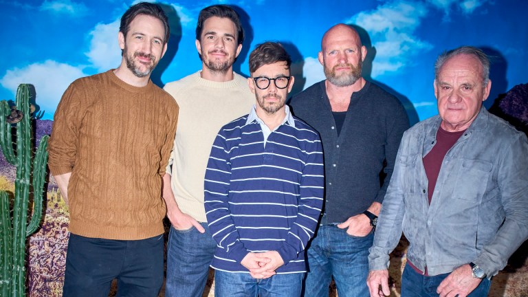 Brian McElhaney, Nick Kocher, Jorma Taccone, Keith Jardine, and Paul Guilfoyle of Over Your Dead Body in Den of Geek studio at SXSW 2026.