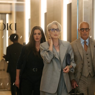 (L-R) Anne Hathaway as Andy Sachs, Meryl Streep as Miranda Priestly and Stanley Tucci as Nigel Kipling in 20th Century Studios' THE DEVIL WEARS PRADA 2. Photo by Macall Polay. © 2026 20th Century Studios. All Rights Reserved.