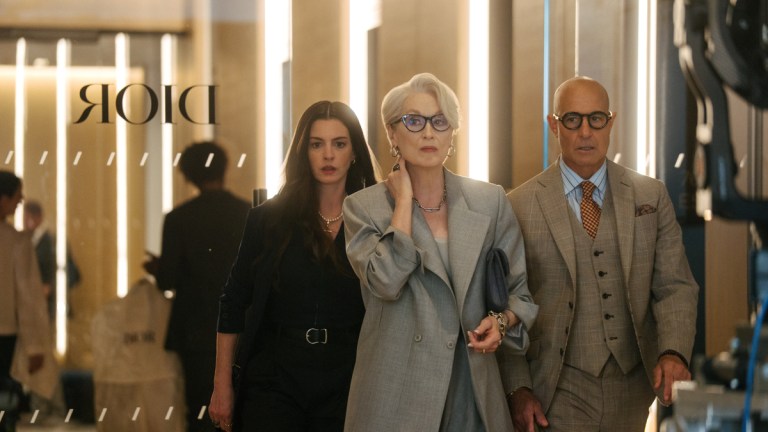 (L-R) Anne Hathaway as Andy Sachs, Meryl Streep as Miranda Priestly and Stanley Tucci as Nigel Kipling in 20th Century Studios' THE DEVIL WEARS PRADA 2. Photo by Macall Polay. © 2026 20th Century Studios. All Rights Reserved.