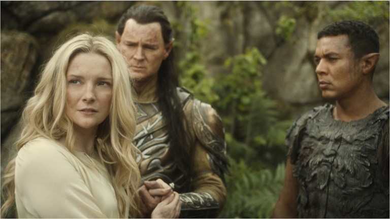 Morfydd Clark as Galadriel; Benjamin Walker as High King Gil-galad; Ismael Cruz Córdova as Arondir in The Lord of the Rings: The Rings of Power Season 2