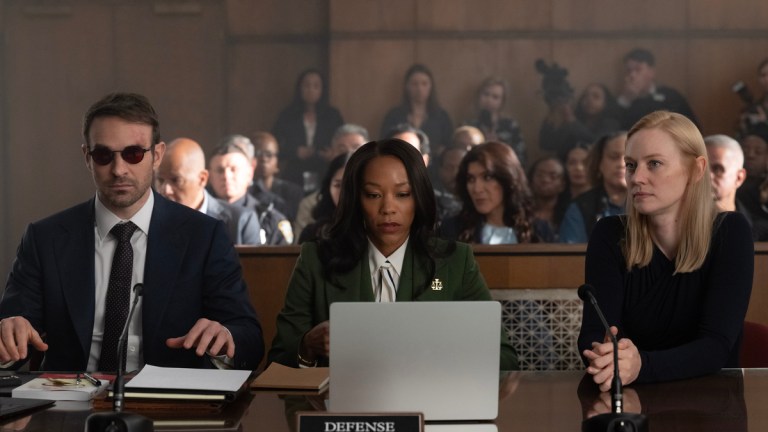 L-R: Matt Murdock / Daredevil (Charlie Cox), Kirsten McDuffie (Nikki M. James) and Karen Page (Deborah Ann Woll) in Marvel Television's DAREDEVIL: BORN AGAIN, exclusively on Disney+. Photo by Jojo Whilden. © 2025 MARVEL.