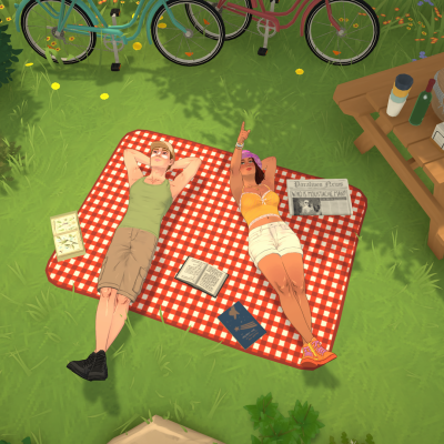 Two characters having a picnic in the grass in lifestyle sim Paralives.