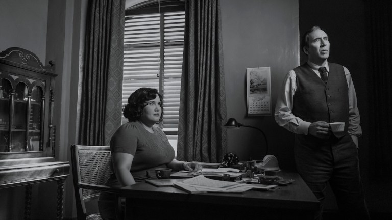 Janet Ross (Karen Rodriguez) and Ben Reilly/Spiderman (Nicolas Cage) in SPIDER-NOIR