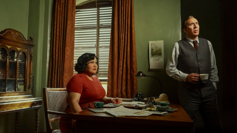 Janet Ross (Karen Rodriguez) and Ben Reilly/Spiderman (Nicolas Cage) in SPIDER-NOIR