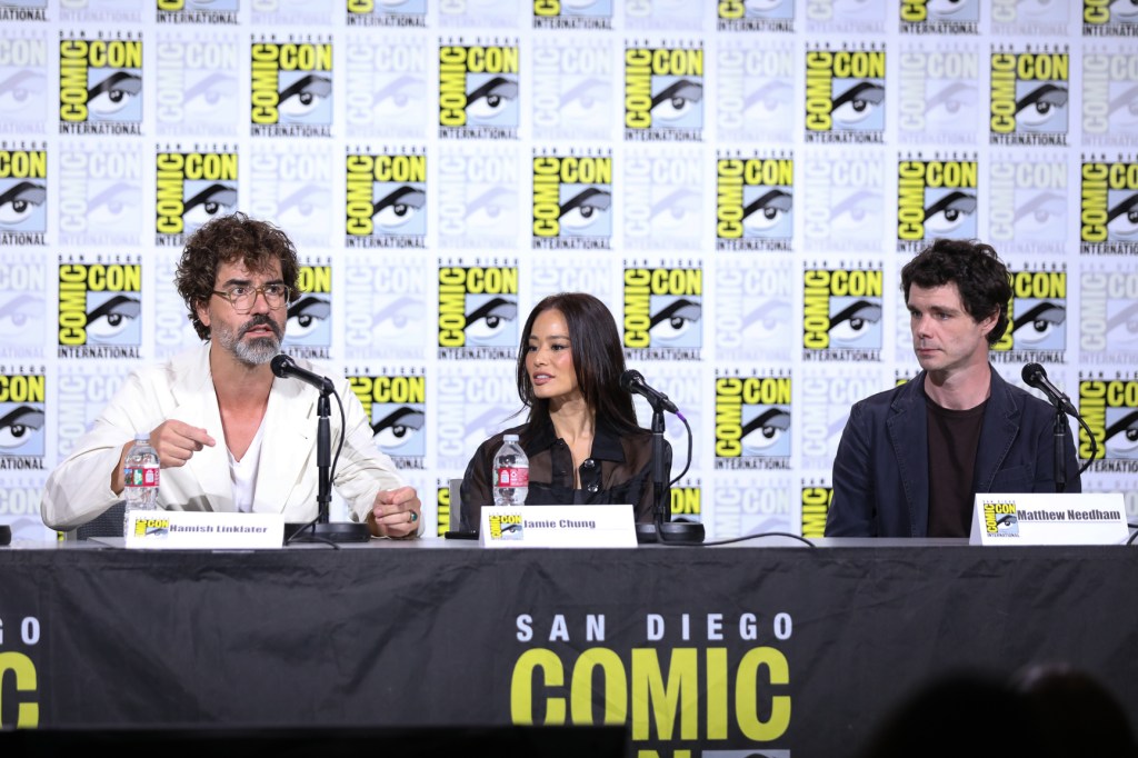 Hamish Linklater, Jamie Chung, and Matthew Needham during the Batman: Caped Crusader Season Two Panel at San Diego Comic-Con 2026. Photo by Chris Frawley/Prime.