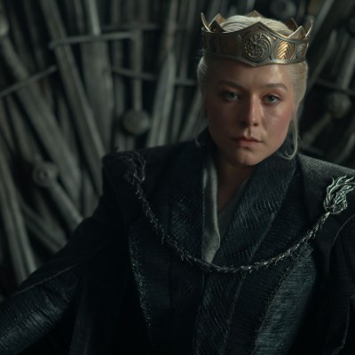 Emma D'arcy Rhaenyra Targaryen on Iron Throne in House of the Dragon
