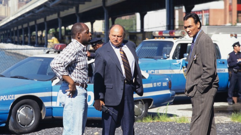 UNITED STATES - NOVEMBER 18: NYPD BLUE - "Sheedy Dealings" - Season Five - 11/18/97, Sipowicz (Dennis Franz) and Simone (Jimmy Smits) investigate the murder of two roommates., (Photo by Michael Ginsberg/Disney General Entertainment Content via Getty Images)