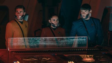 (L-R): Paul Wesley as James T. Kirk, Christina Chong as La’an Noonien-Singh, and Ethan Peck as Spock in season 4, episode 2, of Star Trek: Strange New Worlds streaming on Paramount+, 2026. Photo Credit: Jan Thijs/Paramount+