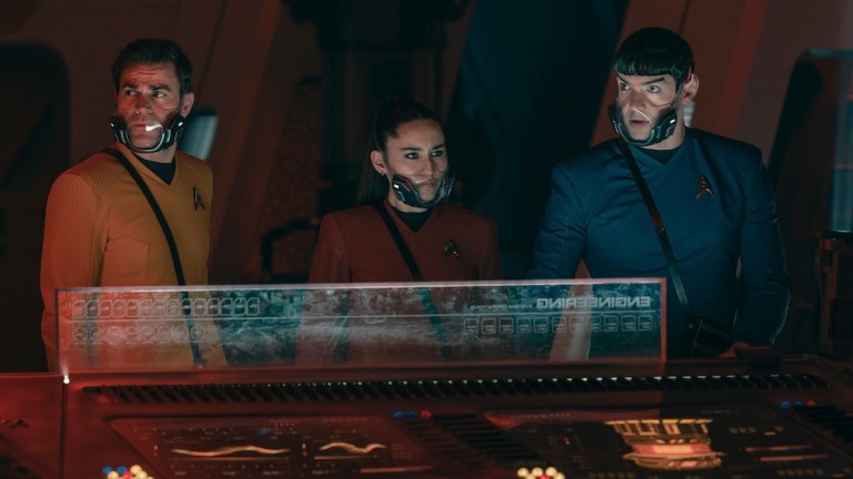 (L-R): Paul Wesley as James T. Kirk, Christina Chong as La’an Noonien-Singh, and Ethan Peck as Spock in season 4, episode 2, of Star Trek: Strange New Worlds streaming on Paramount+, 2026. Photo Credit: Jan Thijs/Paramount+