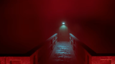 An eerie red-tinged hallway leading to a door in Silent Hill Townfall.