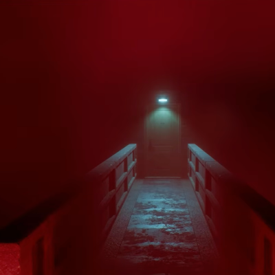An eerie red-tinged hallway leading to a door in Silent Hill Townfall.