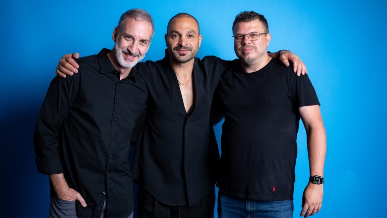 Jim Krieg, Michael Mando, Rick Morales of Batman: Knightfall in Den of Geek studio at SDCC 2026.