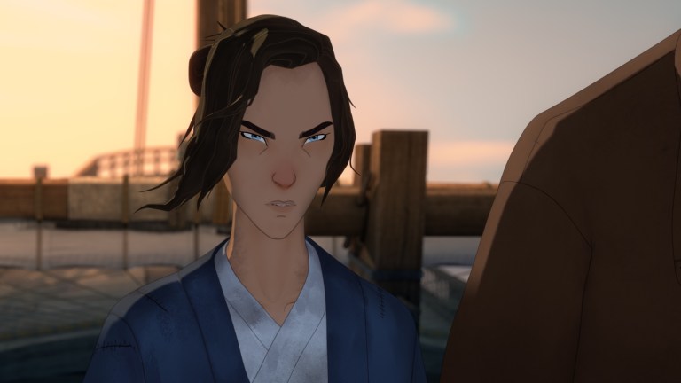 "Animated person with blue eyes and brown hair in a blue robe, standing outdoors on a dock at sunset, looking intensely forward; another figure partially visible on the right."