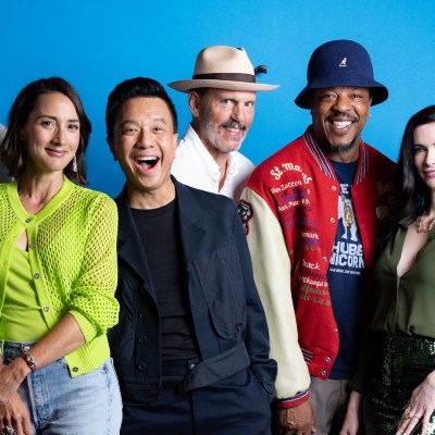 The cast of Grimm in Den of Geek studio at SXSW 2026. (L-R) Sasha Roiz, Bree Turner, Reggie Lee, Silas Weir Mitchell, Russell Hornsby, Bitsie Tulloch, David Giuntoli
