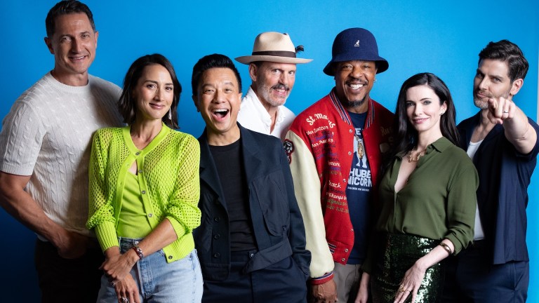 The cast of Grimm in Den of Geek studio at SXSW 2026. (L-R) Sasha Roiz, Bree Turner, Reggie Lee, Silas Weir Mitchell, Russell Hornsby, Bitsie Tulloch, David Giuntoli