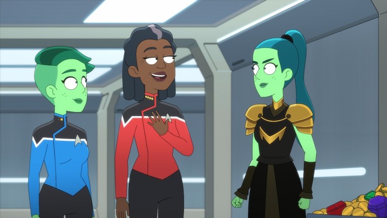 L-R: NoŒl Wells as DÌVana Tendi, Dawnn Lewis as Captain Carol Freeman, and Ariel Winter as D'Erika Tendi in episode 2, season 5 of Lower Decks streaming on Paramount+, 2024. Photo Credit: Paramount+