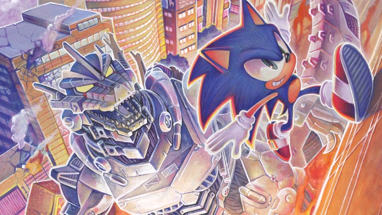 Sonic the Hedgehog and Mechagodzilla featured on the cover of Sonic the Hedgehog x Godzilla.
