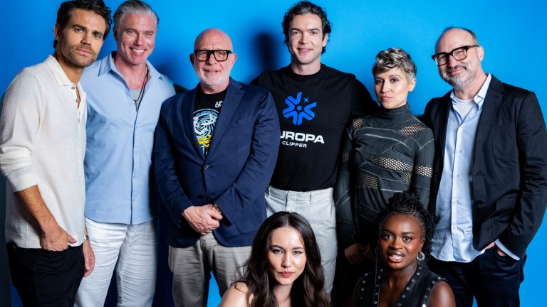 The cast of Star Trek: Strange New Worlds in Den of Geek studio at San Diego Comic-Con 2026. (L-R, CW): Paul Wesley, Anson Mount, Akiva Goldsman, Ethan Peck, Melissa Navia, Henry Alonso Myers, Celia Rose Gooding, Christina Chong