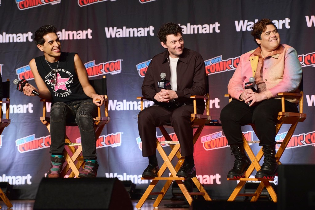 NEW YORK, NEW YORK - OCTOBER 08: Brandon Rogers, Bryce Pinkham, and Harvey Guillén appear on stage during Prime Video's "Helluva Boss" Q&A and world premiere screening at New York Comic Con on October 08, 2026 in New York City. (Photo by Valerie Terranova/Getty Images for Prime Video)