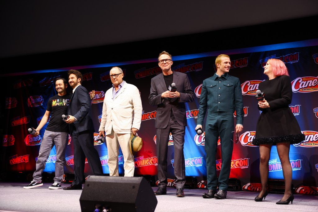 NEW YORK, NEW YORK - OCTOBER 08: (L-R) Brad Winderbaum, Terry Matalas, James Spader, Paul Bettany, Ruaridh Mollica and Emily Hampshire speak onstage during the Marvel Panel at NYCC 2026 at Javits Center on October 08, 2026 in New York City. (Photo by Arturo Holmes/Getty Images for Disney)