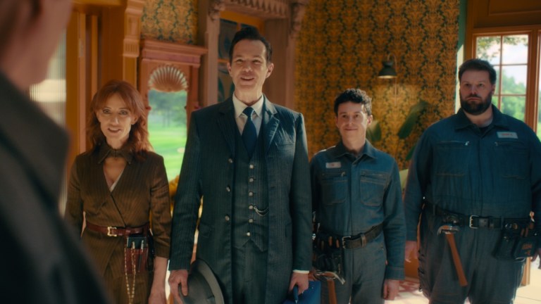 (L - R) Orla Brady, James D'Arcy, Johnathan Sayer, and Henry Lewis in VisionQuest exclusively on Disney+. Photo courtesy of Marvel. © 2026 Marvel. All Rights Reserved.